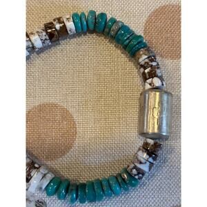 Turquoise & White Horse 7" Bracelet w Sterling Silver Bead